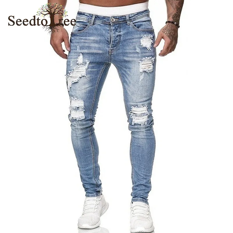 Solid color Hole Casual Men's Jeans Pencil Pants Slim Denim Trousers