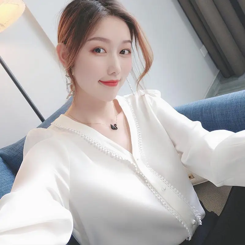 

Blouse Women 2021 Spring Summer Lace Chiffon Shirt High-End Tops White Shirt for Women Blusas Mujer De Moda