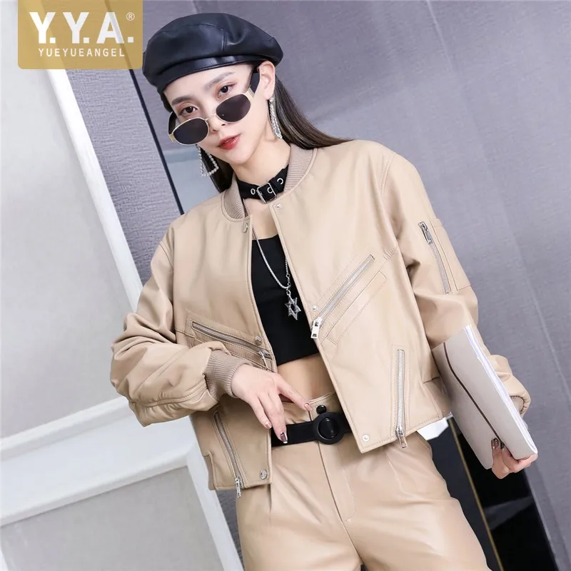 

Уличная Повседневная куртка-бомбер из натуральной кожи, женская короткая верхняя одежда с воротником-стойкой, модная мотоциклетная куртка ...