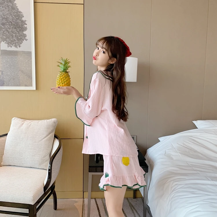

Kawaii Girls Pajamas Set Sweet Womens Cotton Pyjamas Short Sleeves Suit Soft Sleepwear Summer Cartoon Pineapple Print Homewear