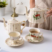 800ml white gold teapot bone china coffee cup saucer set 220ml ceramic mug porcelain tea cup flower kettle cafe party drinkware