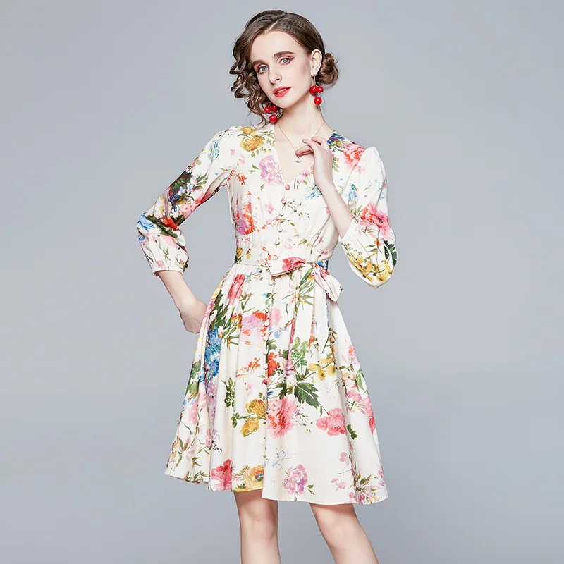 

Button Dress Women New Arrivals Fashion V-Neck A Line Elegant Print Dress Women Clothing Vestidos Jurken