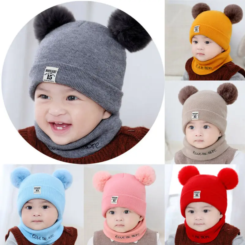 2pcs Unisex Child Beanies Cap Set Baby Kids Solid Color Stripe Hat And Scarf Winter Warm Suit For Boys Girls Toddler Student | Детская