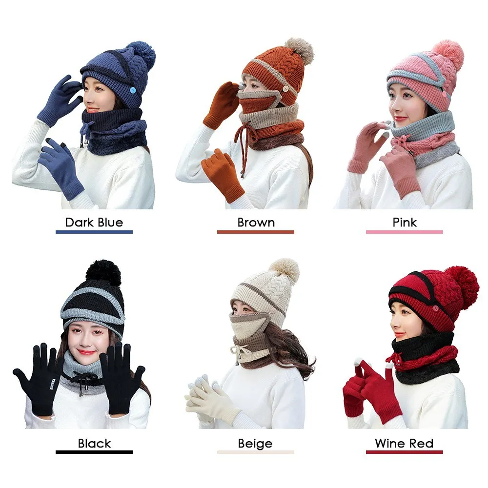 

4PCS Women Winter Neck Warm Scarf Set Hat Knit Touch Screen Mittens Winter Warm Suit