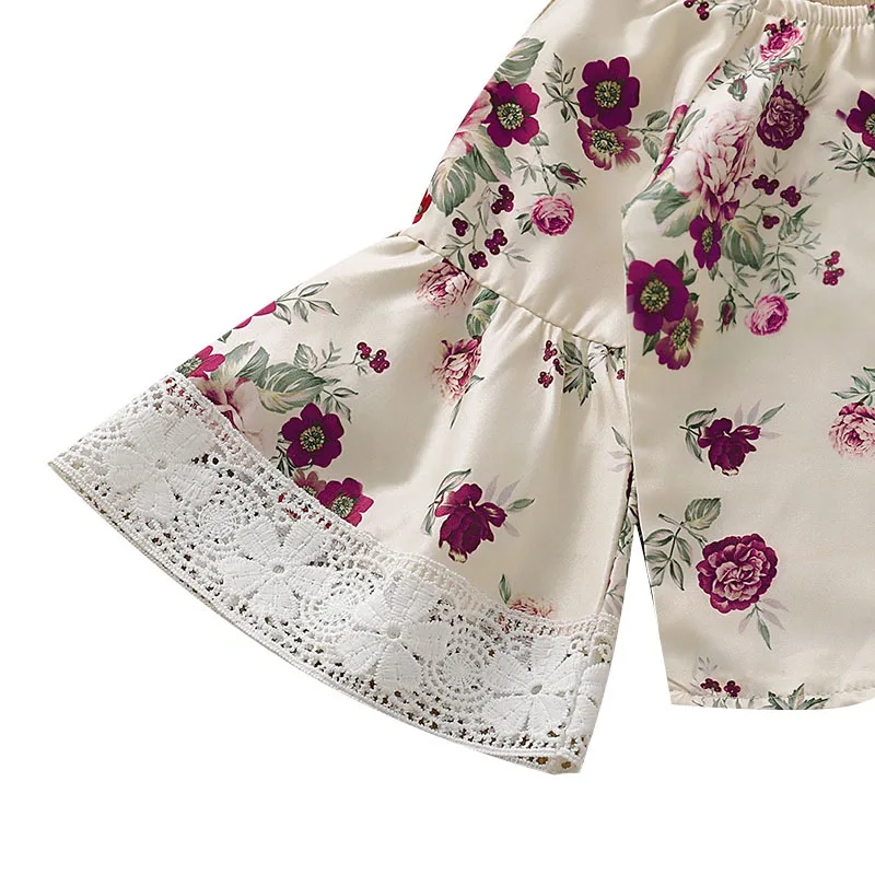 Футболка с расклешенным рукавом и цветочным принтом для девочек повседневный