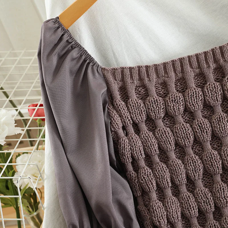 

Spring Autumn Knitted Blouse Sweet Slash Neck Shirts Fashion Puff Long Sleeve Slim Solid Short Crop Tops