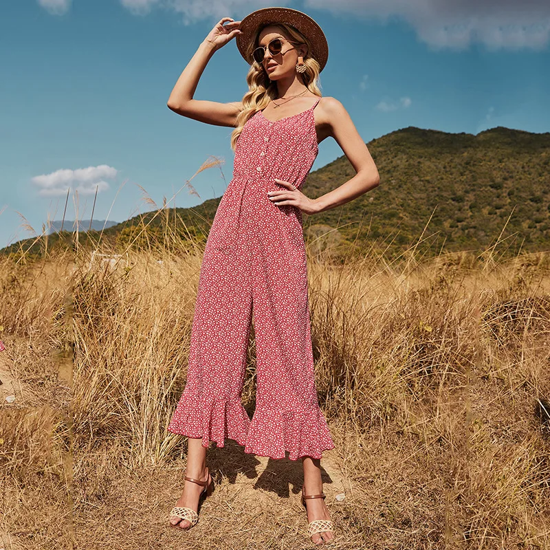 

Spaghetti Strap Print Casual Button Ladies Jumpsuit Summer Spring 2021 New Fashion Flare High Waist Women's Jumpsuits