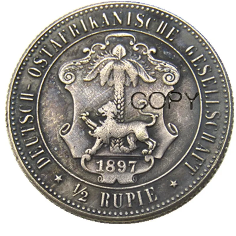 1897 г., Германия, Восточная Африка, 1/2, император Rupie Coin Guilelmus II, Посеребренная копировальная монета 1897 г., Германия, Восточная Африка, 1/2, император Rupie Coin Guilelmus II, Посеребренная копировальная монета