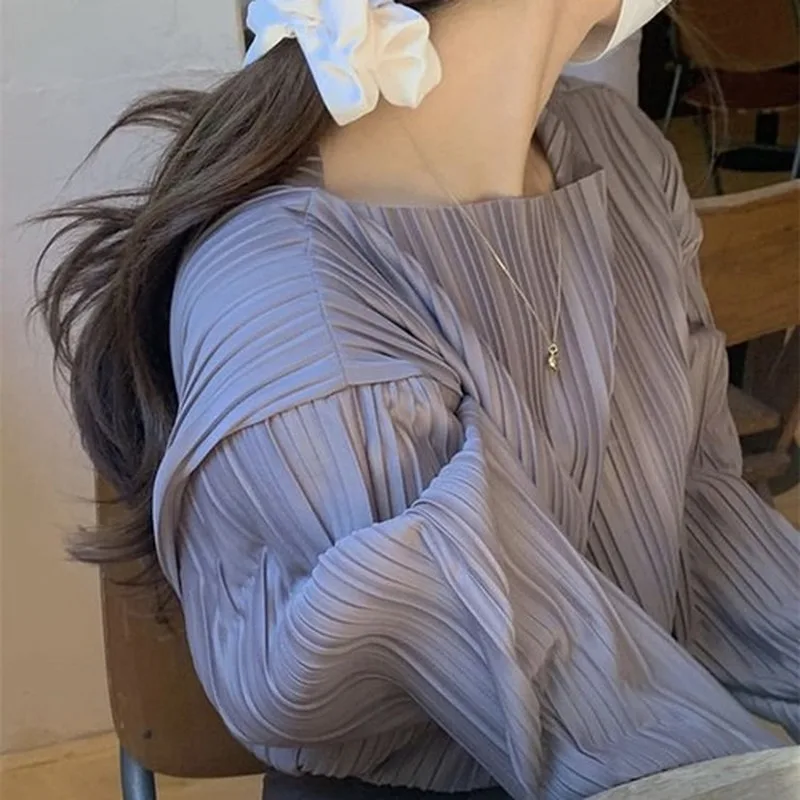 

Pleated Design Sense Pullover Shirt O-neck Female Korean Version of Pleated Long-sleeved 2021 Autumn Chic Solid Color Blouse Top