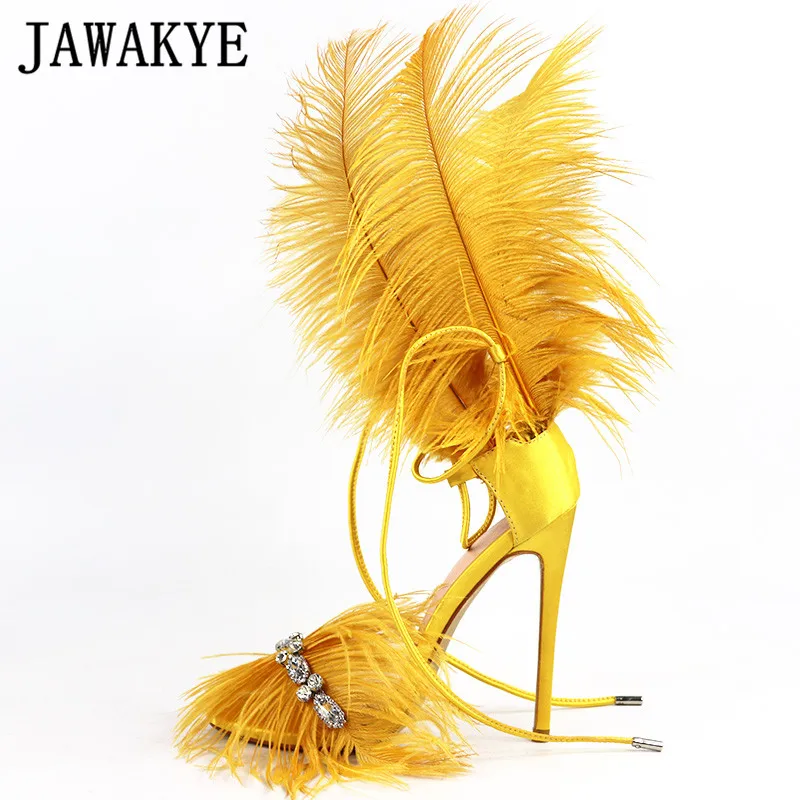 

Classic hot T Show Prom Party Shoes for Women Luxury Crystal Tassels Feather Sandals Summer Runway Thin High Heels Shoes Mujer