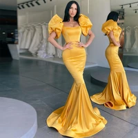 xijun mermaid satin evening dresses puff sleeves yellow long prom gowns dubai women formal party dress