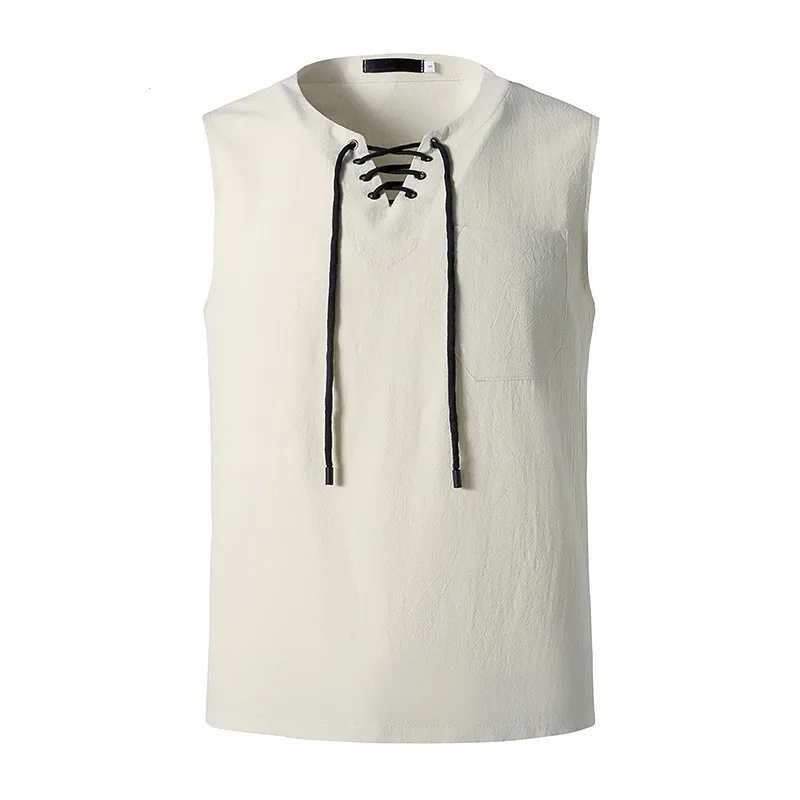 

2021 Men's Sleeveless Hemp Cotton T-Shirt Fashion V-Neck Lace Loose Casual Tops Tee Mens Solid Color T Shirts Summer Clothing