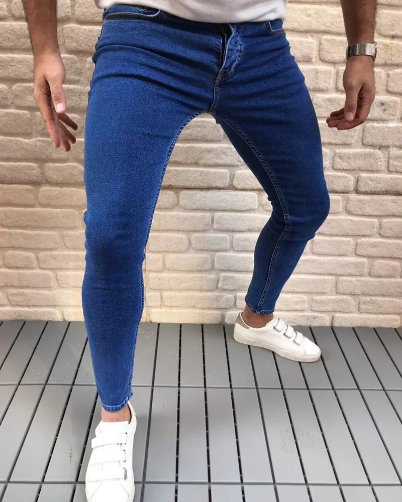 

Spring and autumn new men jeans solid color slim pencil pants feet hip-hop men washed casual denim trousers