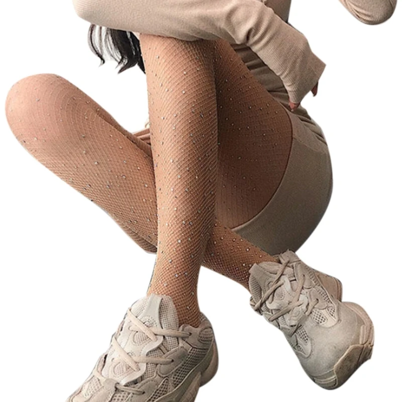 

Women Sexy High Waist Hollow Out Fishnet Pantyhose Shiny Glitter Rhinestone Tights Sheer Mesh Nylon Stockings Clubwear