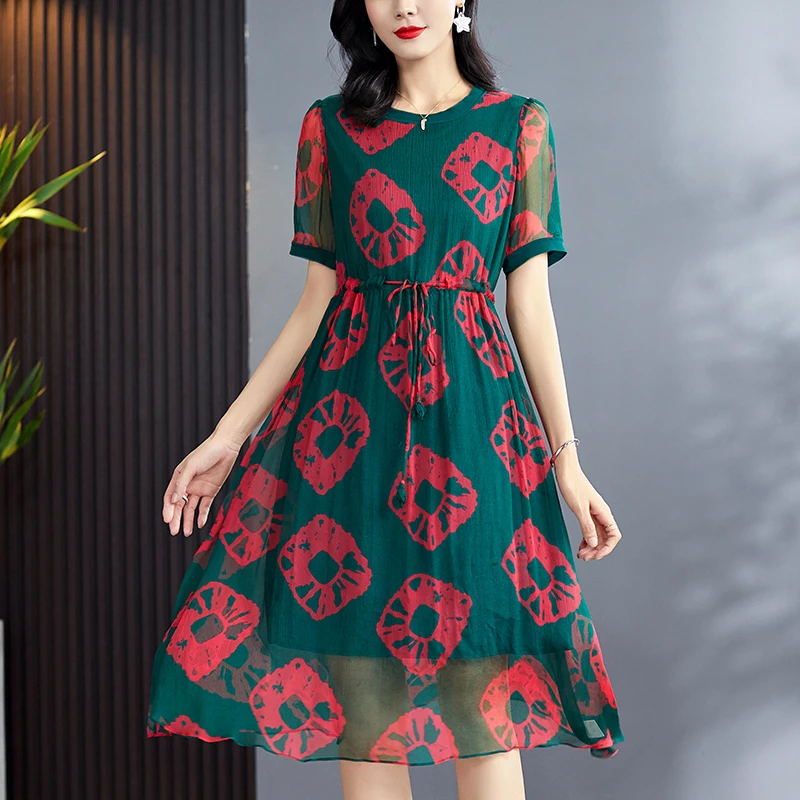 

2022 Summer Women Vintage Green Print Dresses Elegant O-neck Short Sleeve Drawstring 100% Natural Real Silk Lady A-line Dress