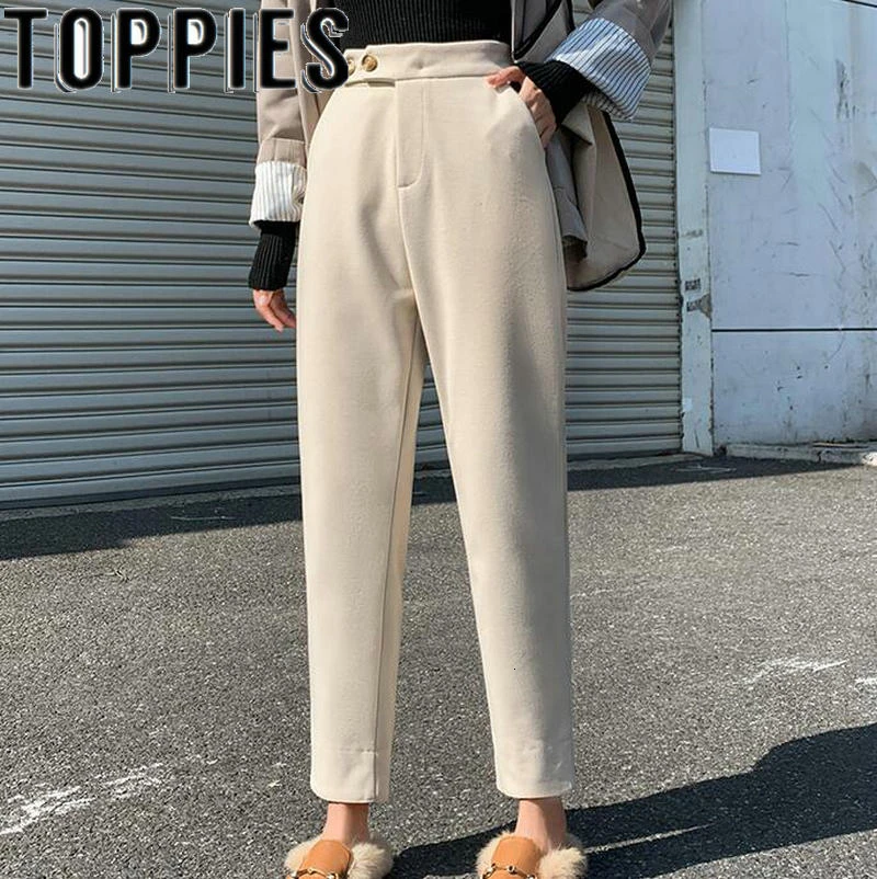 Женские зимние шерстяные брюки Качественные теплые толстые до щиколотки бежевые