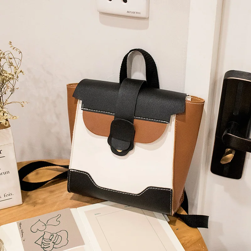 

New Splicing Simple Women's Backpack, Casual All-match Hit Color Small Square Bag, Multi-functional Trendy Portable School Bag