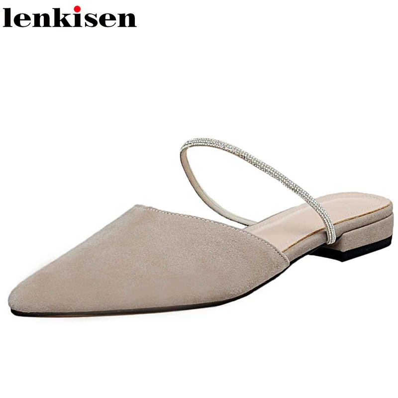 

Lenkisen 2020 handmade high quality shiny diamond beach shoes summer slipper low heels slip on cozy mature young lady pumps L52