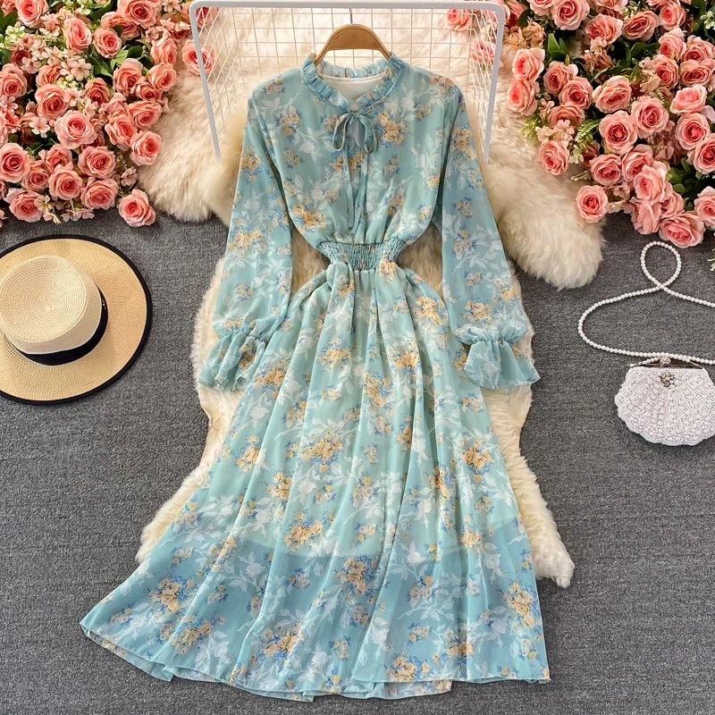 

Uulutonica Autumn Women Elegant Fashion A-line Print Belt Mid-calf Full Puff Sleeve Empire Stand Chiffon Dress