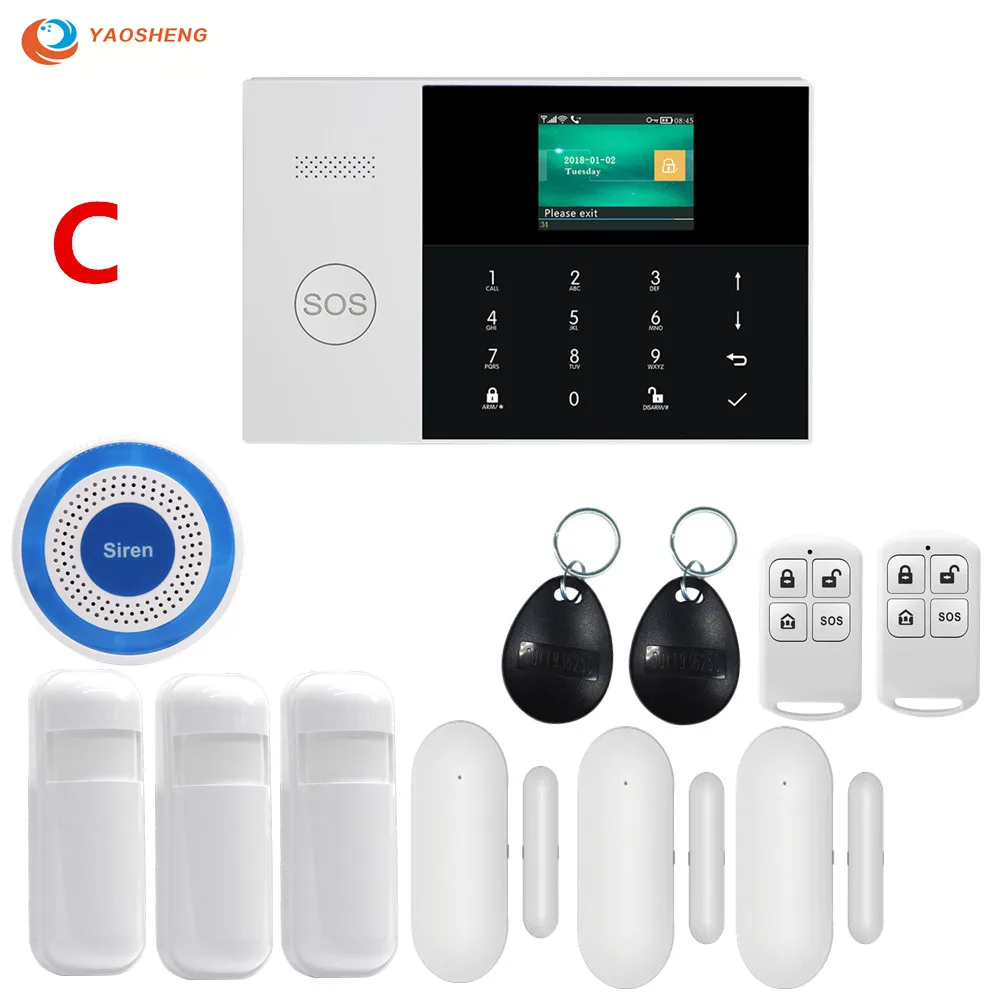 Set C Wifi GSM GPRS переключаемая беспроводная домашняя охранная сигнализация с управлением приложением ЖК-сенсорная клавиатура с датчиком движения - Цвет: Set C
