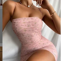 thin spaghetti strap floral printed pleated mini dress bodycon mesh ruched pink women dresses party club missnight sexy vestidos