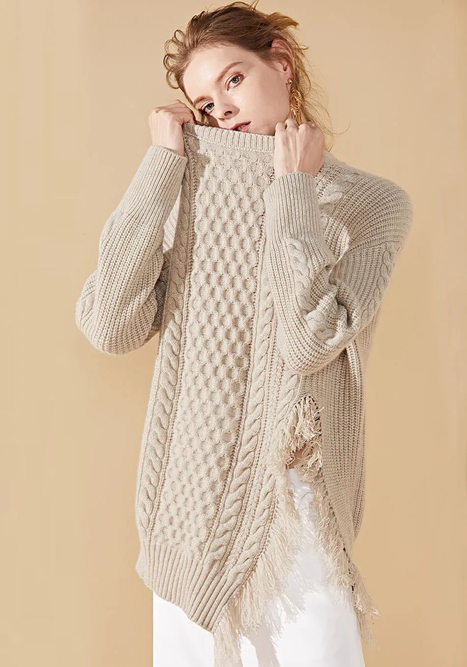 YJMY Inner Mongolian Cashmere Sweater Women Dropped Shoulder Tassel Side Slit Ribbed Cable Knit Winter in Slava Store