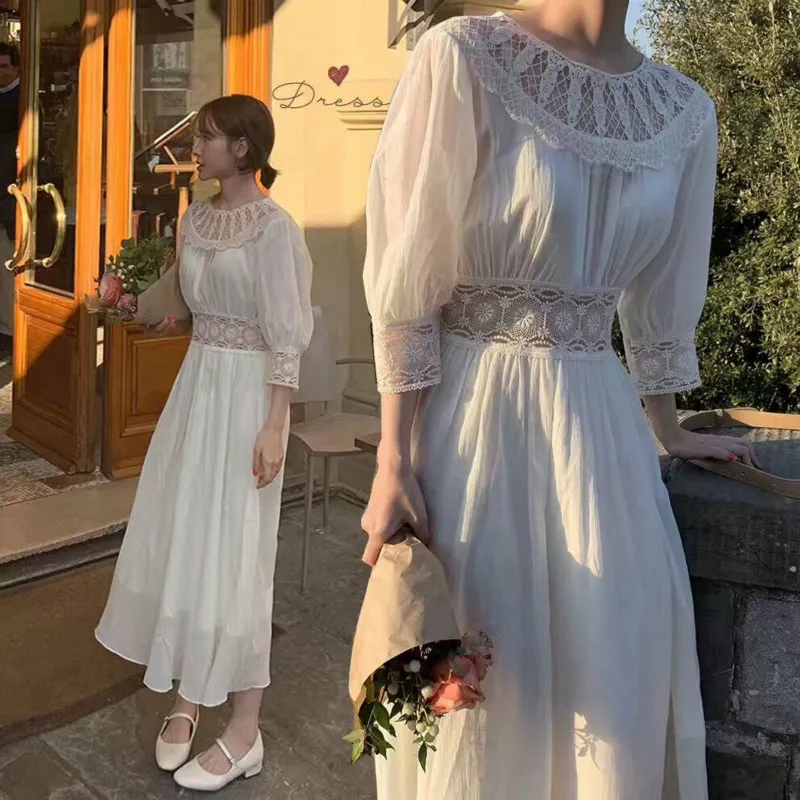 

Long Women Summer Lace Dress Transparent A- Line Vestidos Slim Waist Robe Femme Ete White Sukienki Plus Size Sommerkleid Jurken