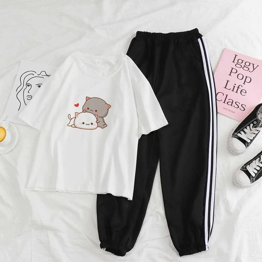 

Casual Two Piece Set Summer Kawaii 2 Piece Set New Fashion Cute Cat Graphic Short Sleeve Tees and Pant Suits Tracksuit Women