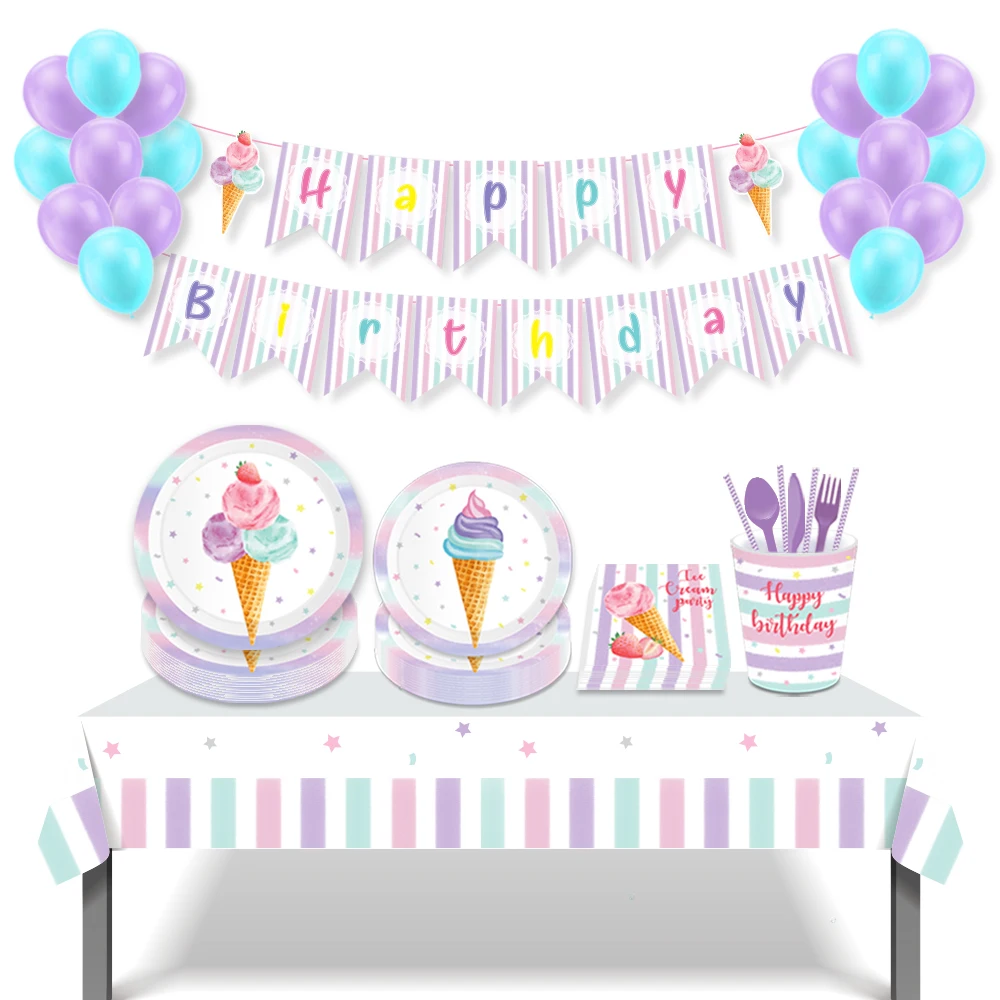 

8 Guests Disposable Tableware Sets Summer DIY Ice Cream Theme Birthday Party Baby Shower Party Decorations