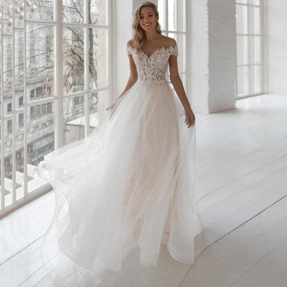 

Charming A Line Wedding Dress Off the Shouder O Neck Backless Lace Appliques Beading Bridal Gowns 2021 Vestido De Noiva