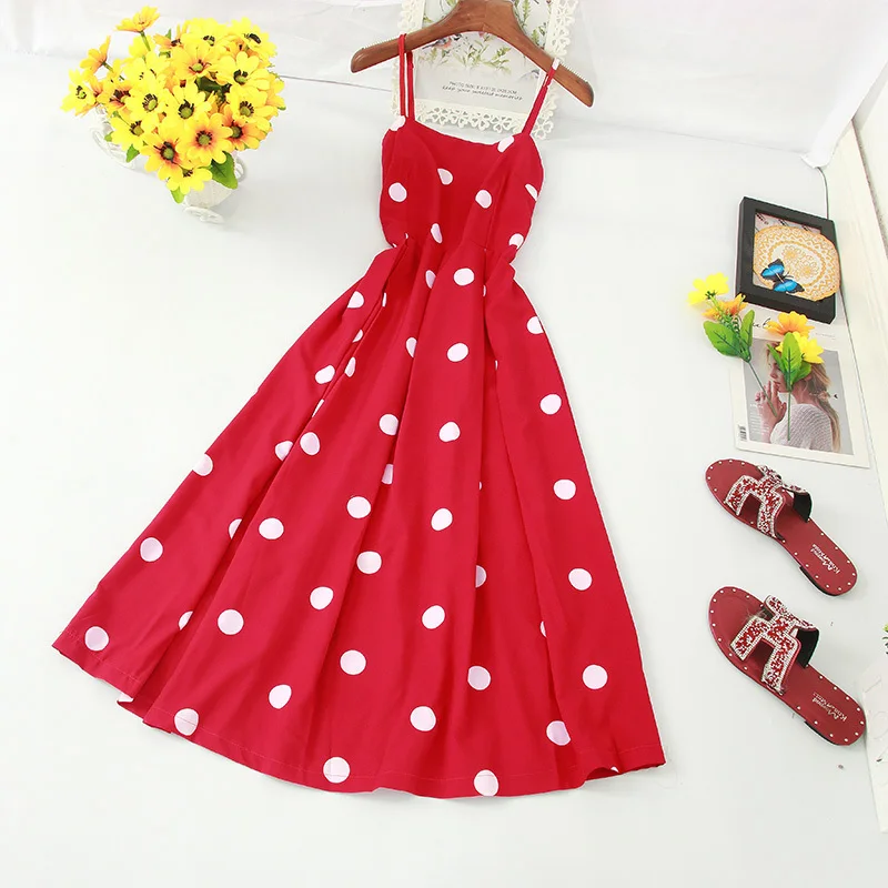 Women Polka Dot Chiffon Long Dress Sexy Spaghetti Strap Backless Vintage Party Female High Waist Elegant Dresses | Женская одежда