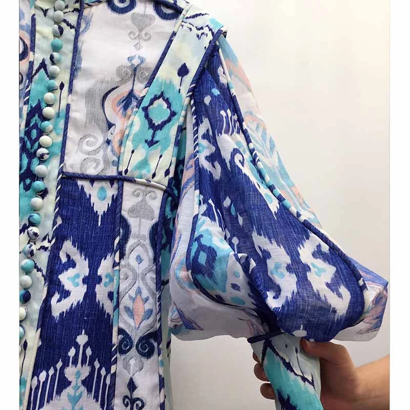 Cosmicchic фонарь с длинным рукавом Бохо льняное короткое платье со стоячим воротником принт рюшами Русалка мини сексуальное винтажное подиумное вечернее платье