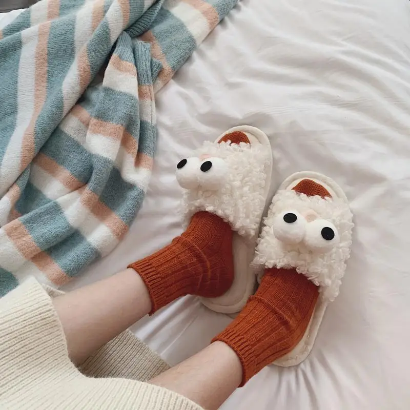 

Korean Cute Warm Slippers Kawaii Big Eye Cartoon Slippers Home Flat Plush Slippers Comfy Fuzzy Slippers for Women Girls
