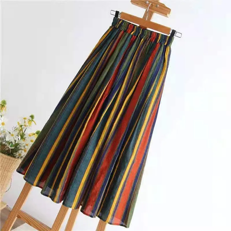

2021 New Arrival Summer Women Casual Elastic Waist A-line Skirts All-matched Striped Cotton Linen High Waist Skirt