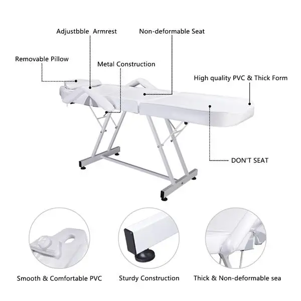 

75" PVC & Iron & Sponge Professional Adjustable Beauty Salon SPA Massage Table Bed Tattoo Chair White
