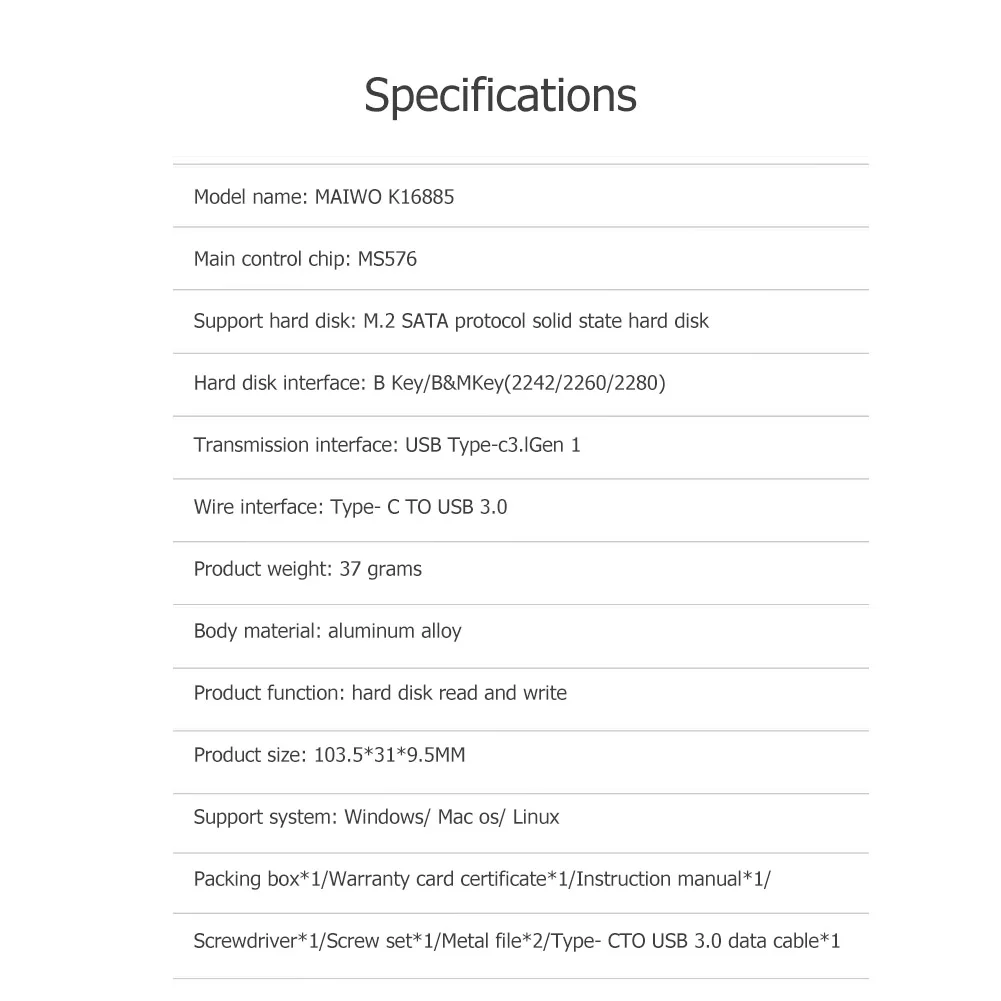 

MAIWO K1688S USB Type-C SSD Enclosure Case Aluminum Alloy M.2 SATA External Box for Office Caring Computer Supplies