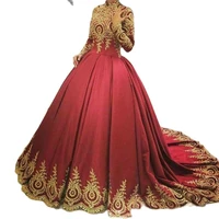 vintage red muslim evening dress high neck ball gown gold appliques prom dresses elegant long sleeve robe de soir%c3%a9e de mariage