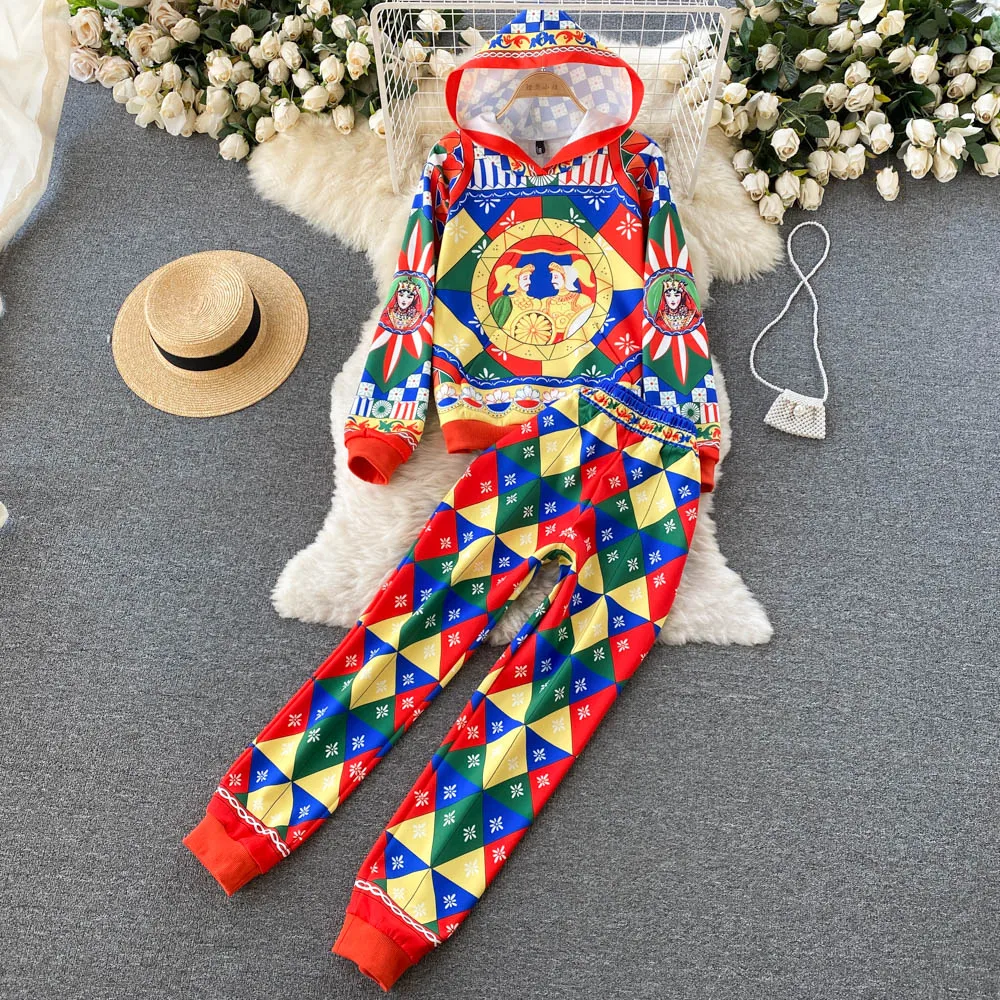 

C377 женский новый модный осенний Ретро принт с длинным рукавом свитер леггинсы с капюшоном повседневные спортивные комплекты из двух предме...