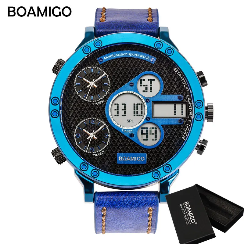 blue box BOAMIGO мужские военные часы мужские спортивные часы мужские кварцевые светодиодный цифровой аналоговый 3 Часы мужские коричневые синие наручные часы водонепроницаемые - Цвет: blue box
