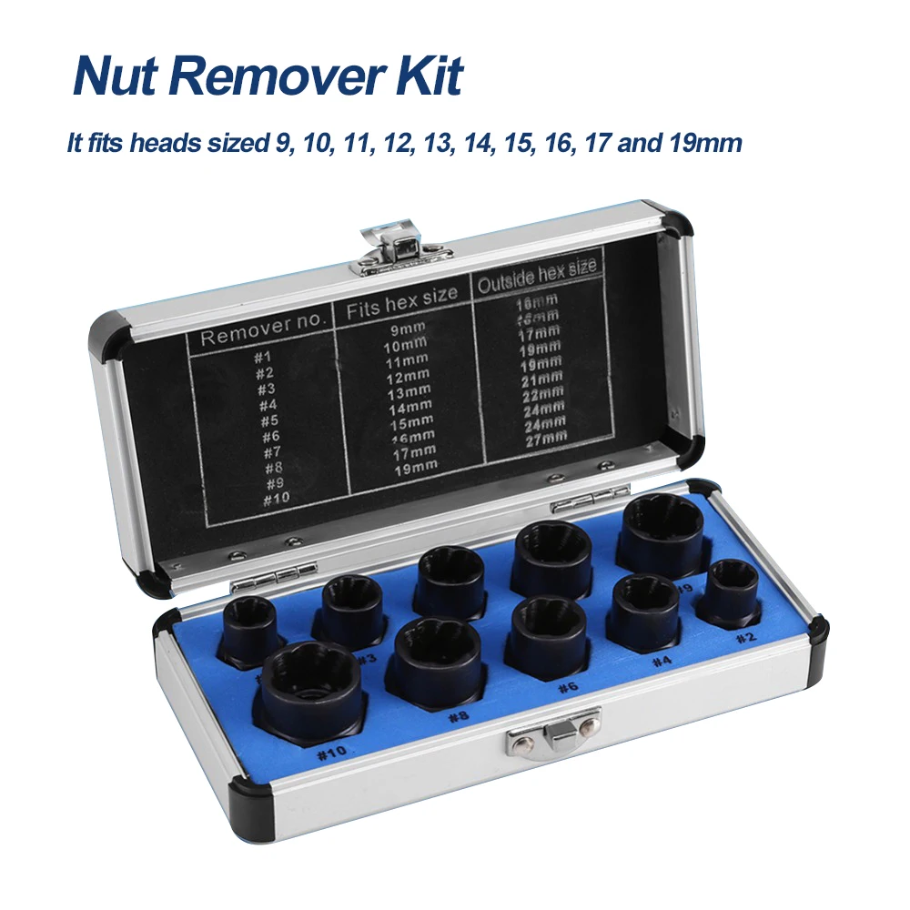 

10PCS Damaged Nut Bolt Remover 9-19mm Broken Bolt Extractor Set Nut Removal Extractor Threading Hand Disassembly Tools Kit