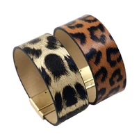 zwpon pu leather leopard bracelets magnet wide animal print cheetah magnetic cuff bangles punk jewelry wholesale b2302