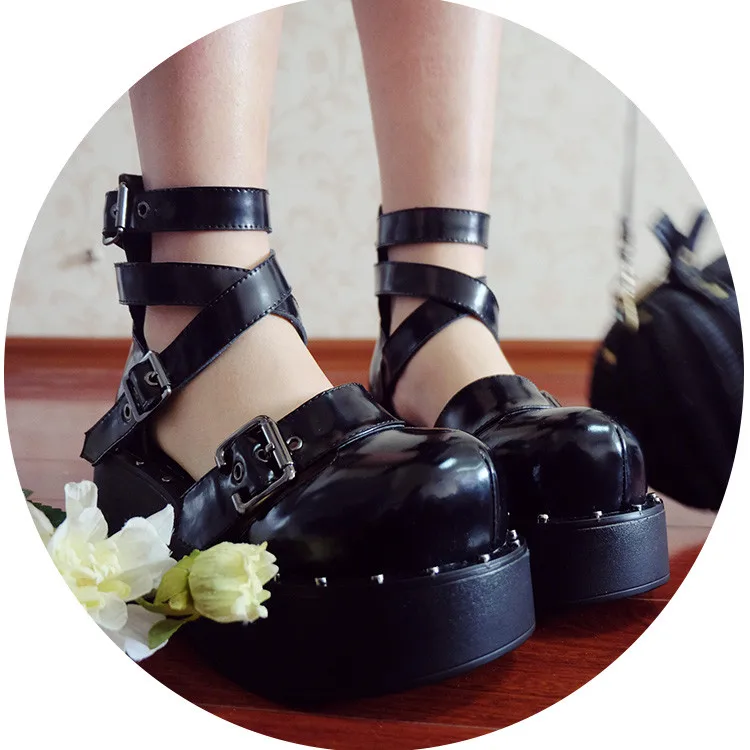 

Womens Lolita Ankle Strap Round Toe Platform Gothic Rivet Studs Punk Pumps Shoes Creepers Belt Buckle Japanese Harajuku New B124