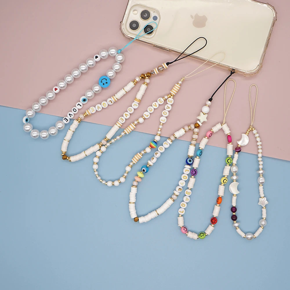 

Go2Boho New White Phone Case Chain Strap Mobile Lanyard Charm Pearls Telephone Jewelry Polymer Clay Beads Chains Accessories