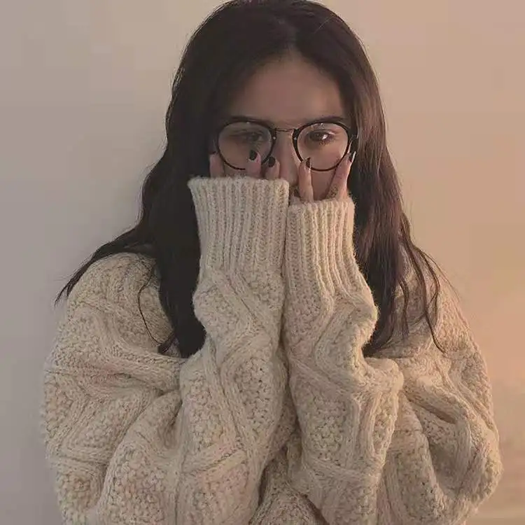 

Korean solid color thick turtleneck sweater female students autumn and winter lazy wind loose twist knit jacket