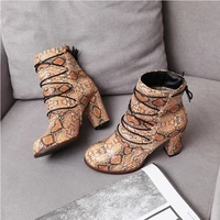 women shoes 2021 ankle boots ladies leopard med heels winter fashion western booties leather lace up warm fur round toe female