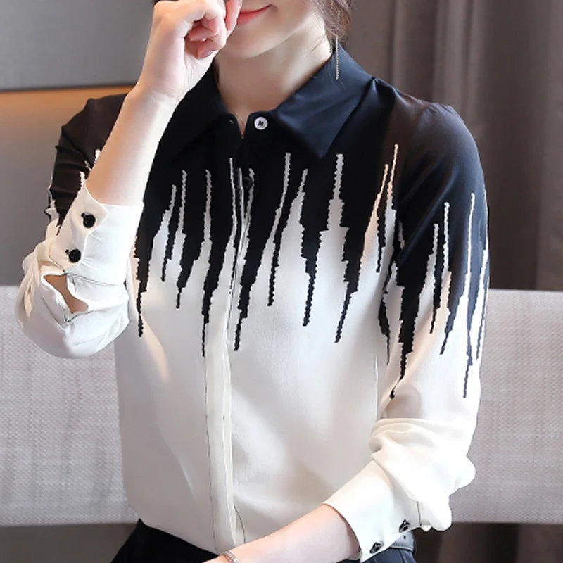 

Long Sleeve Blouse Women Blusas Mujer De Moda 2021 Turn Down Collar Office White Blouse Tops Striped Chiffon Blouse Shirt D426