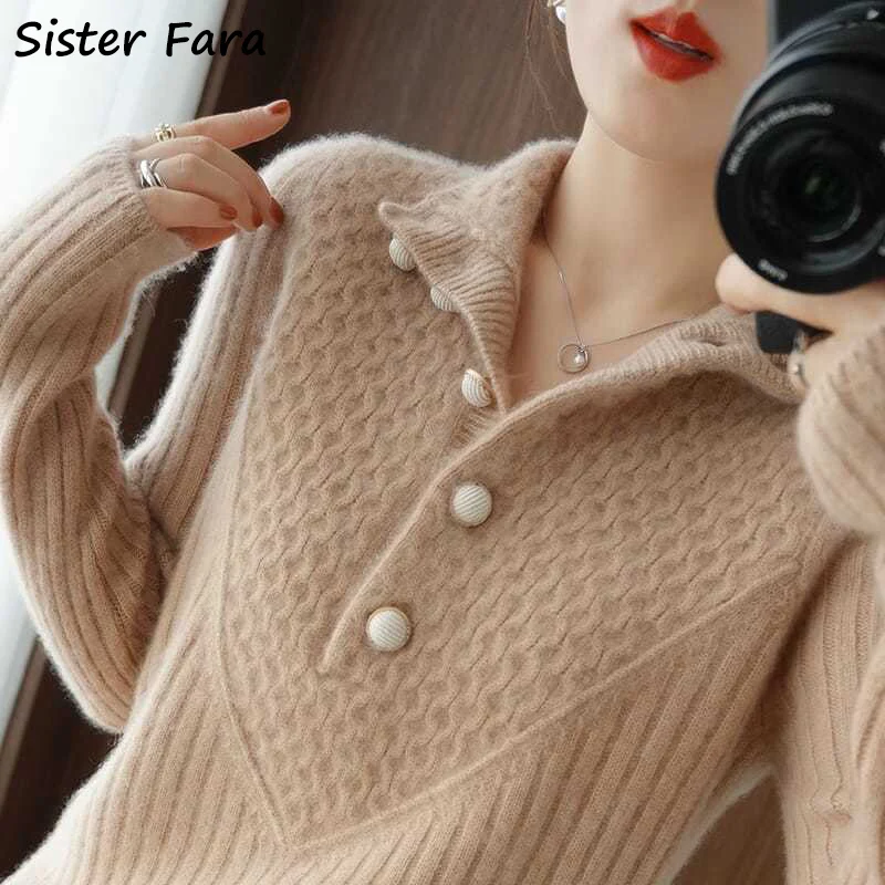 

Женский кашемировый вязаный свитер Sister Fara, плотный пуловер с ложным воротником и жемчужной пряжкой, Однотонный свитер для осени и зимы