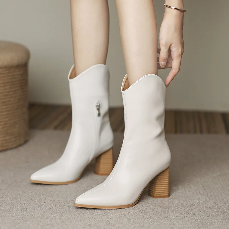 

2021 Autumn Western Cowboy Boots Fashion Black Leather Pointed Mid Calf Knight Wedge Woman Booties High Heel Women Boots Winter