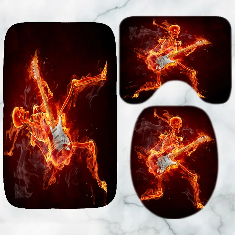 Funny Halloween Flame Skull Skeleton Playing Guitar Shower Curtain Bathroom Set Burning Bath Rug Carpet Home Decor | Дом и сад
