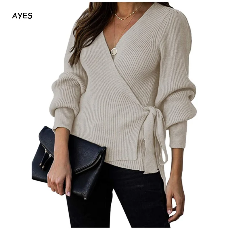 

Solid High Street Sweater Women Office Lady Knitted Jumpers Puff Sleeve Sweaters V Neck Cross Lace Up Tunic Chic Knitwear 2020